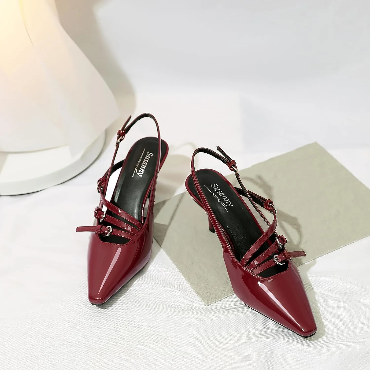 Susanny Slingback Kitten Heels for Women Closed Pointed Toe Strappy Dress Pumps Comfortable Stiletto Low Heels Sexy Buckle Strap Dressy Slip On Shoes for Wedding Bridal Party Work