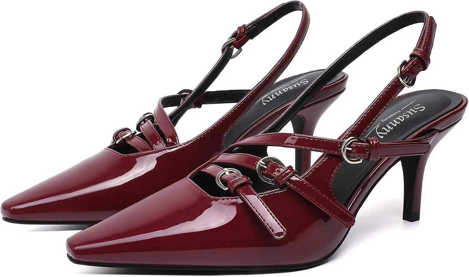 Susanny Slingback Kitten Heels for Women Closed Pointed Toe Strappy Dress Pumps Comfortable Stiletto Low Heels Sexy Buckle Strap Dressy Slip On Shoes for Wedding Bridal Party Work