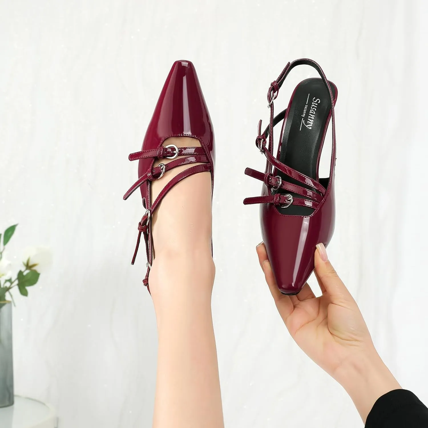 Susanny Slingback Kitten Heels for Women Closed Pointed Toe Strappy Dress Pumps Comfortable Stiletto Low Heels Sexy Buckle Strap Dressy Slip On Shoes for Wedding Bridal Party Work