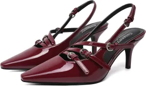 Susanny Slingback Kitten Heels for Women Closed Pointed Toe Strappy Dress Pumps Comfortable Stiletto Low Heels Sexy Buckle Strap Dressy Slip On Shoes for Wedding Bridal Party Work