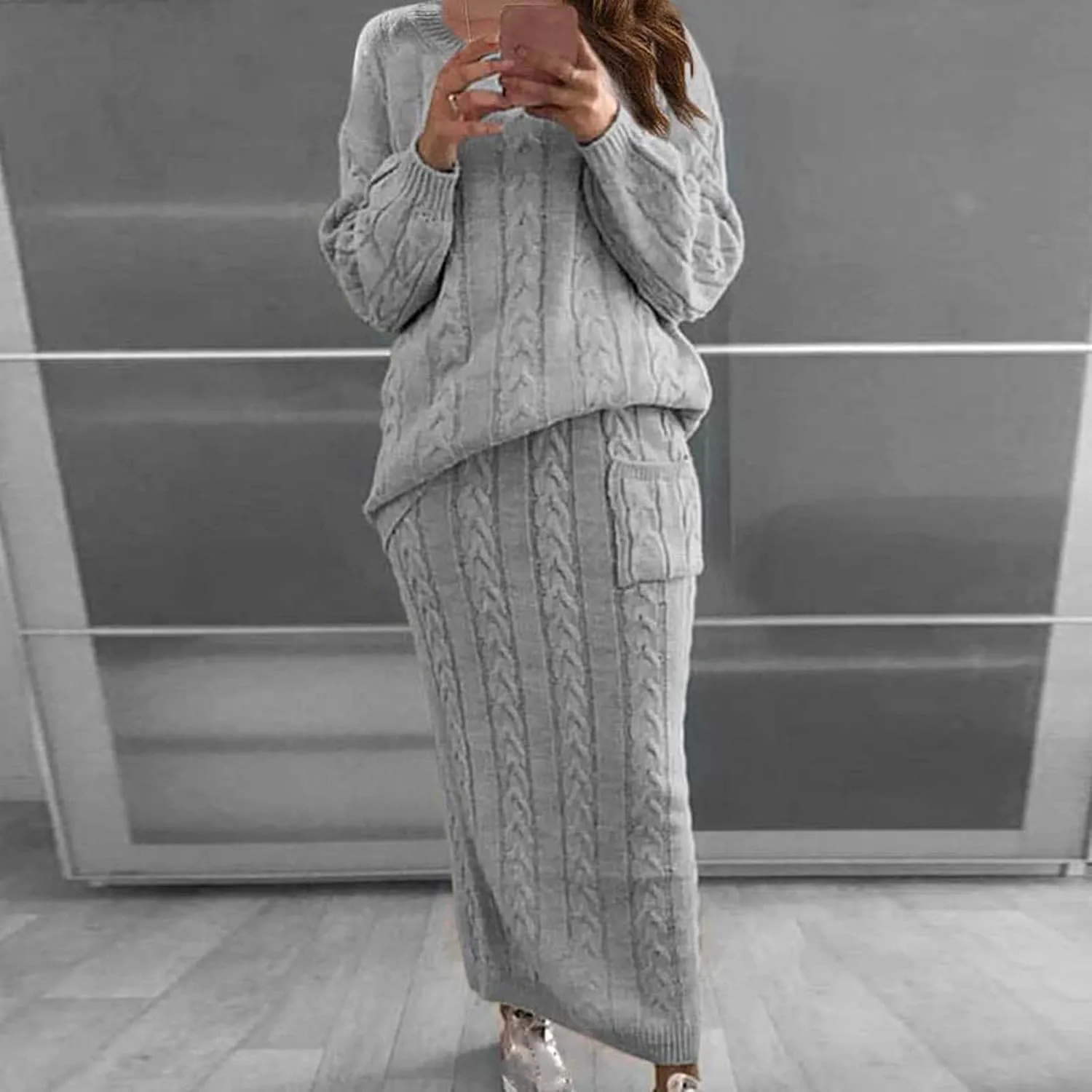 Sweater Suit for Womens Knitwear Tops Dress Two Pieces Set Oversized Long Sleeve Cable Knitted Pullover Skirt Set