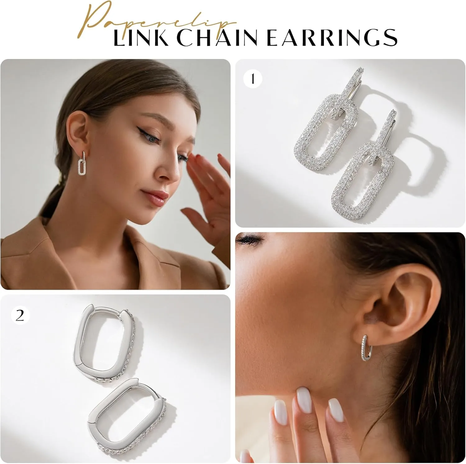 SWEETV 14K Gold Convertible Paperclip Earrings for Women, Cubic Zirconia Dainty Link Huggie Hoop Earrings, Frame Drop Dangle Earrings