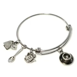 Tea Lover Charm Bracelet Stainless Steel Expandable Bangle Spoon Teabag Teapot Pendants