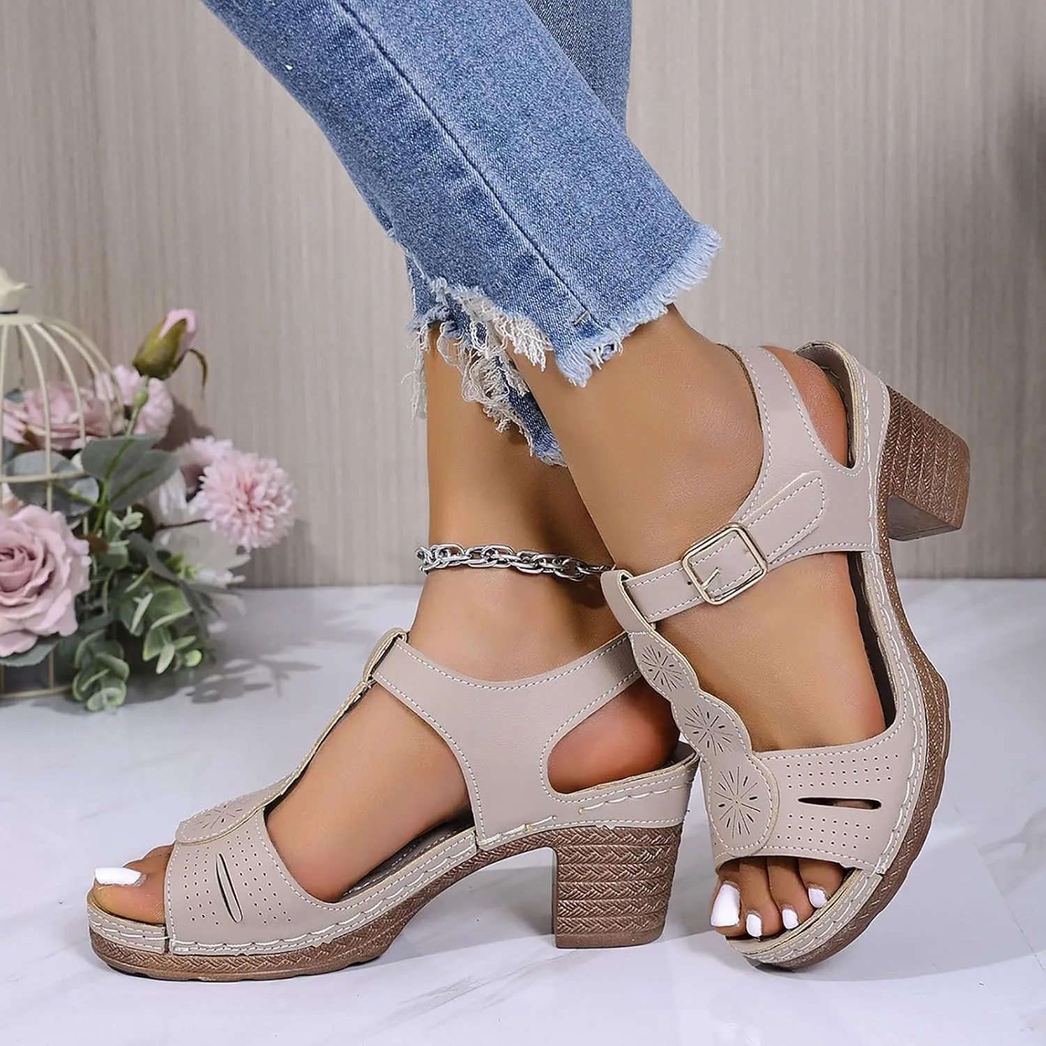 Temperament Chunky Heel Sandals for Women Strappy Buckle Heeled Sandal with Chunk Heel Business Casual Shoes