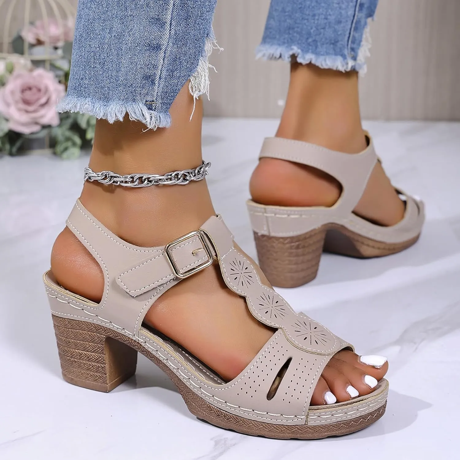 Temperament Chunky Heel Sandals for Women Strappy Buckle Heeled Sandal with Chunk Heel Business Casual Shoes