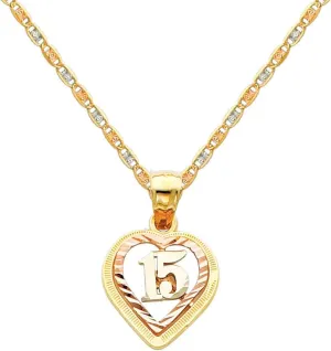 The World Jewelry Center 14k Tri Color Gold 15 Aos Heart Pendant with 1.5mm Valentino Diamond Cut Chain Necklace