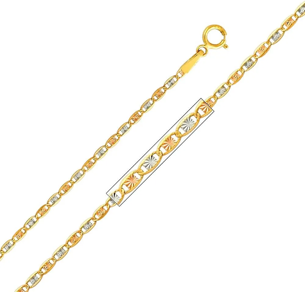 The World Jewelry Center 14k Tri Color Gold 15 Aos Heart Pendant with 1.5mm Valentino Diamond Cut Chain Necklace
