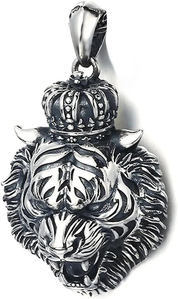 Tiger Pendant, 925 Sterling Silver Vintage Masculine Crown Tiger Head Pendants for Men