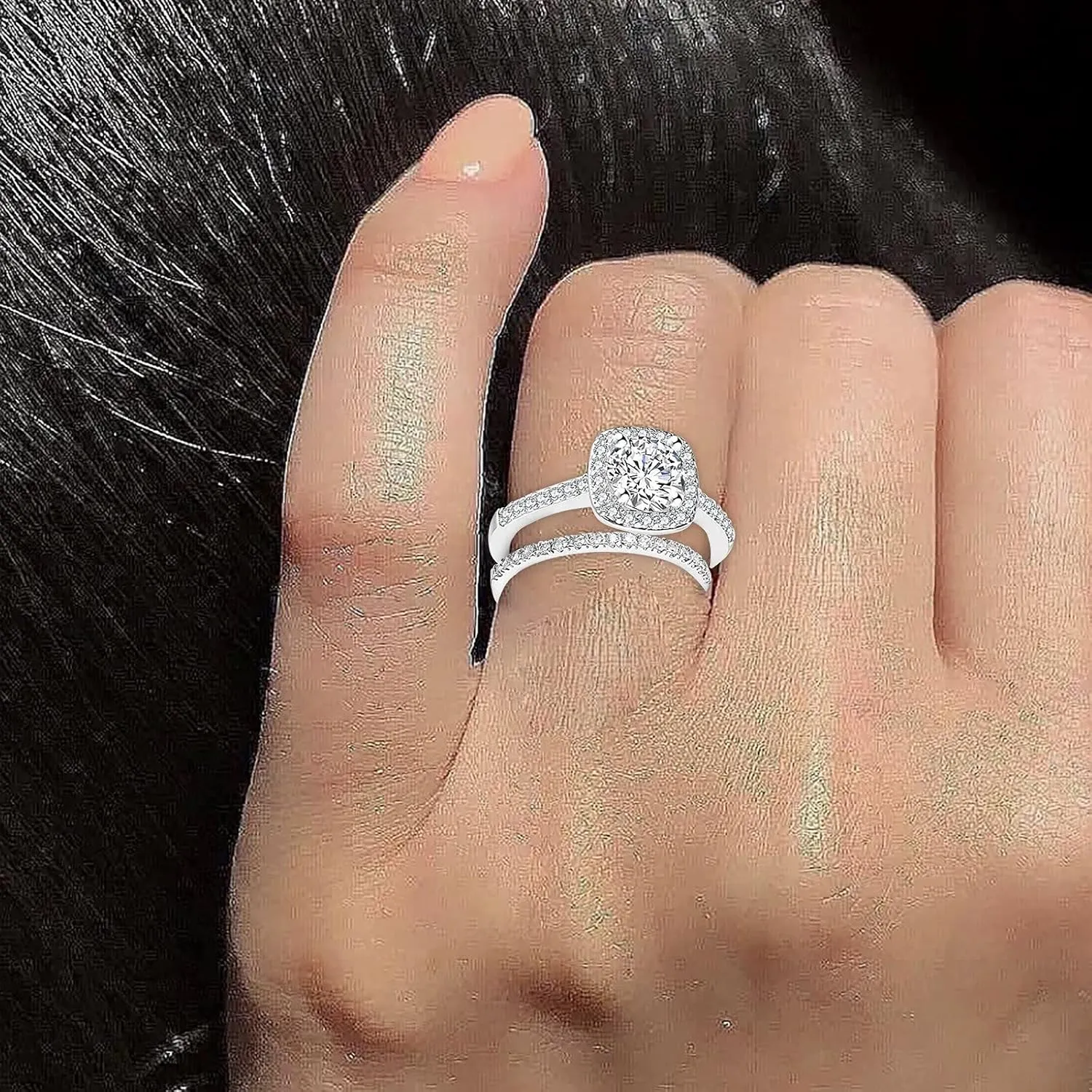 Two-in-One Engagement Bridal Ring Set Classic Round Silver Rose Gold Black Cubic Zirconia Wedding Rings for Women