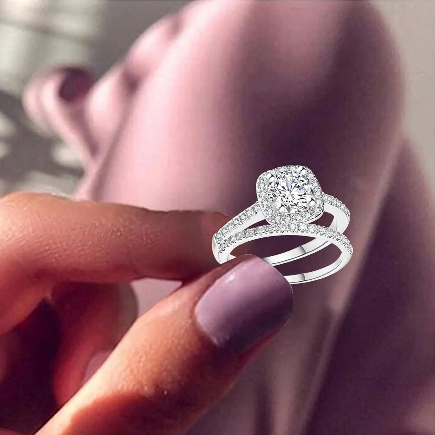 Two-in-One Engagement Bridal Ring Set Classic Round Silver Rose Gold Black Cubic Zirconia Wedding Rings for Women