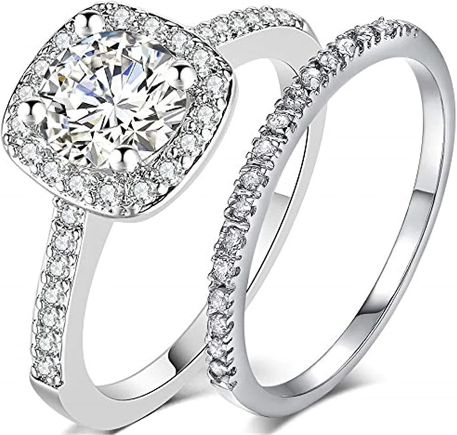 Two-in-One Engagement Bridal Ring Set Classic Round Silver Rose Gold Black Cubic Zirconia Wedding Rings for Women