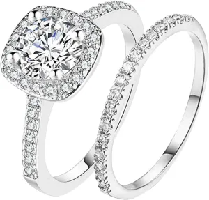 Two-in-One Engagement Bridal Ring Set Classic Round Silver Rose Gold Black Cubic Zirconia Wedding Rings for Women