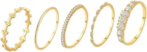 Unique Zircon Decor Ring Set 5pcs Stackable Rings Gold Color Fashion Jewelry for Women