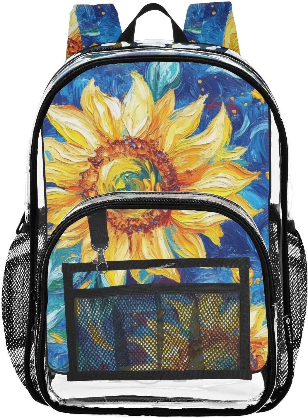 Van Gogh Style Sunflowers Clear Backpack with Back Print, Heavy Duty See Through Backpacks PVC Transparent Daypack for Travel Security