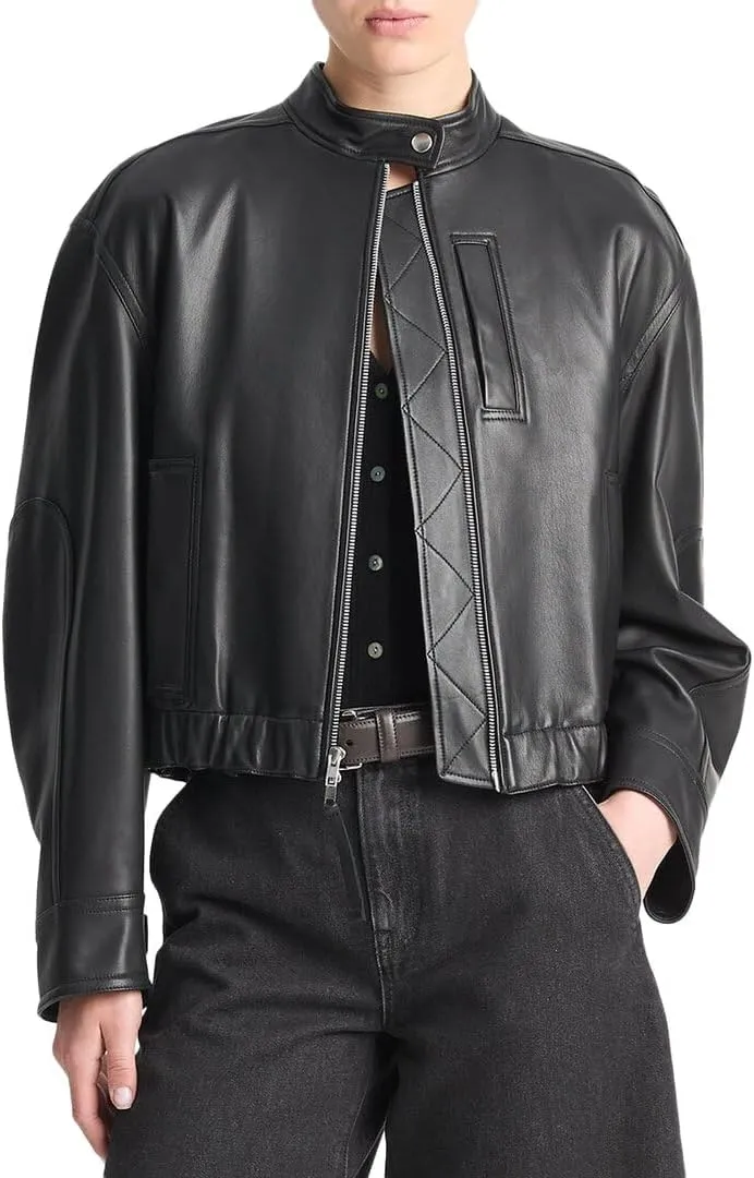 Vince Leather Cropped Bomber Jacket