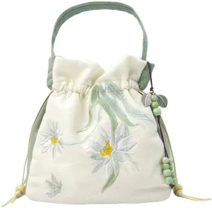 Vintage Chinese Style Flower Embroidery Handbag | Hanfu Drawstring Purse | Literary Messenger Shoulder Bag