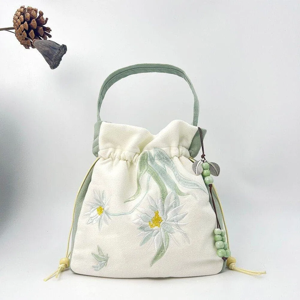 Vintage Chinese Style Flower Embroidery Handbag | Hanfu Drawstring Purse | Literary Messenger Shoulder Bag