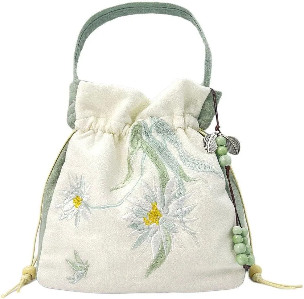 Vintage Chinese Style Flower Embroidery Handbag | Hanfu Drawstring Purse | Literary Messenger Shoulder Bag