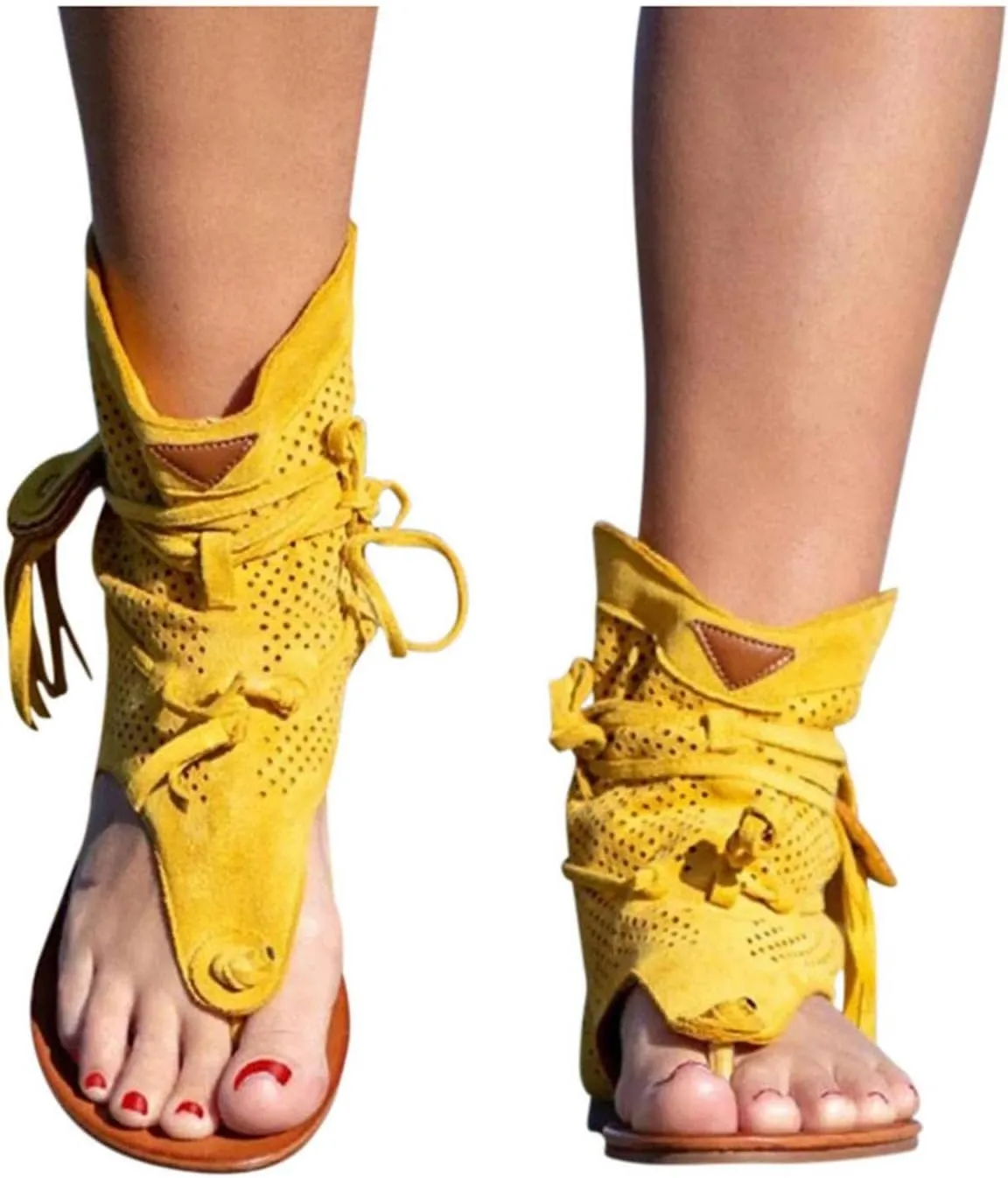 Vintage Flip Flops for Women Bohemian Tassel Clip Toe Straps Lace up Flat Sandals Summer Comfortable Casual Breathable Roman Beach Shoes Boots