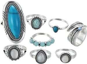 Vintage Knuckle Rings Set 8pcs Turquoise Jewelry Rings for Women Fashion Finger Rings Size Alloy