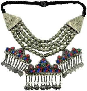 Vintage Tribal Silver Metallic Beaded Chain Necklace, Handmade Layered Choker Necklace With Three Pendants, Tribal Beaded Jewelry