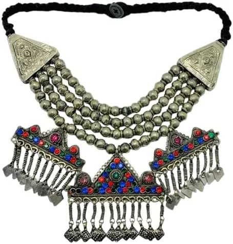 Vintage Tribal Silver Metallic Beaded Chain Necklace, Handmade Layered Choker Necklace With Three Pendants, Tribal Beaded Jewelry