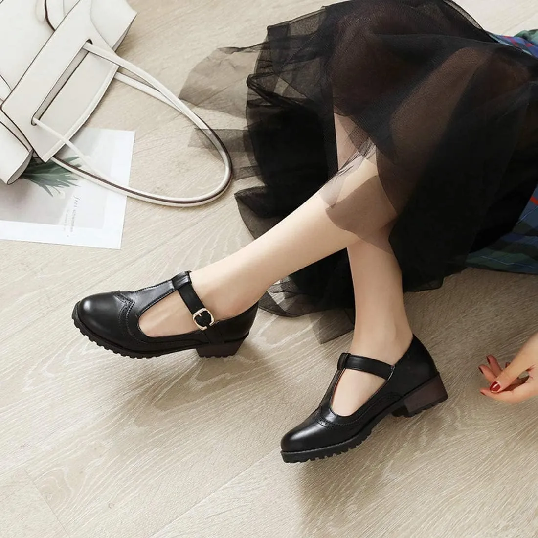 VOKLIN Women's Vintage T-Strap Mary Jane Pumps Round Toe Platform Chunky Low Heel Brogues Oxford Dress Shoes