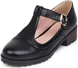 VOKLIN Women's Vintage T-Strap Mary Jane Pumps Round Toe Platform Chunky Low Heel Brogues Oxford Dress Shoes