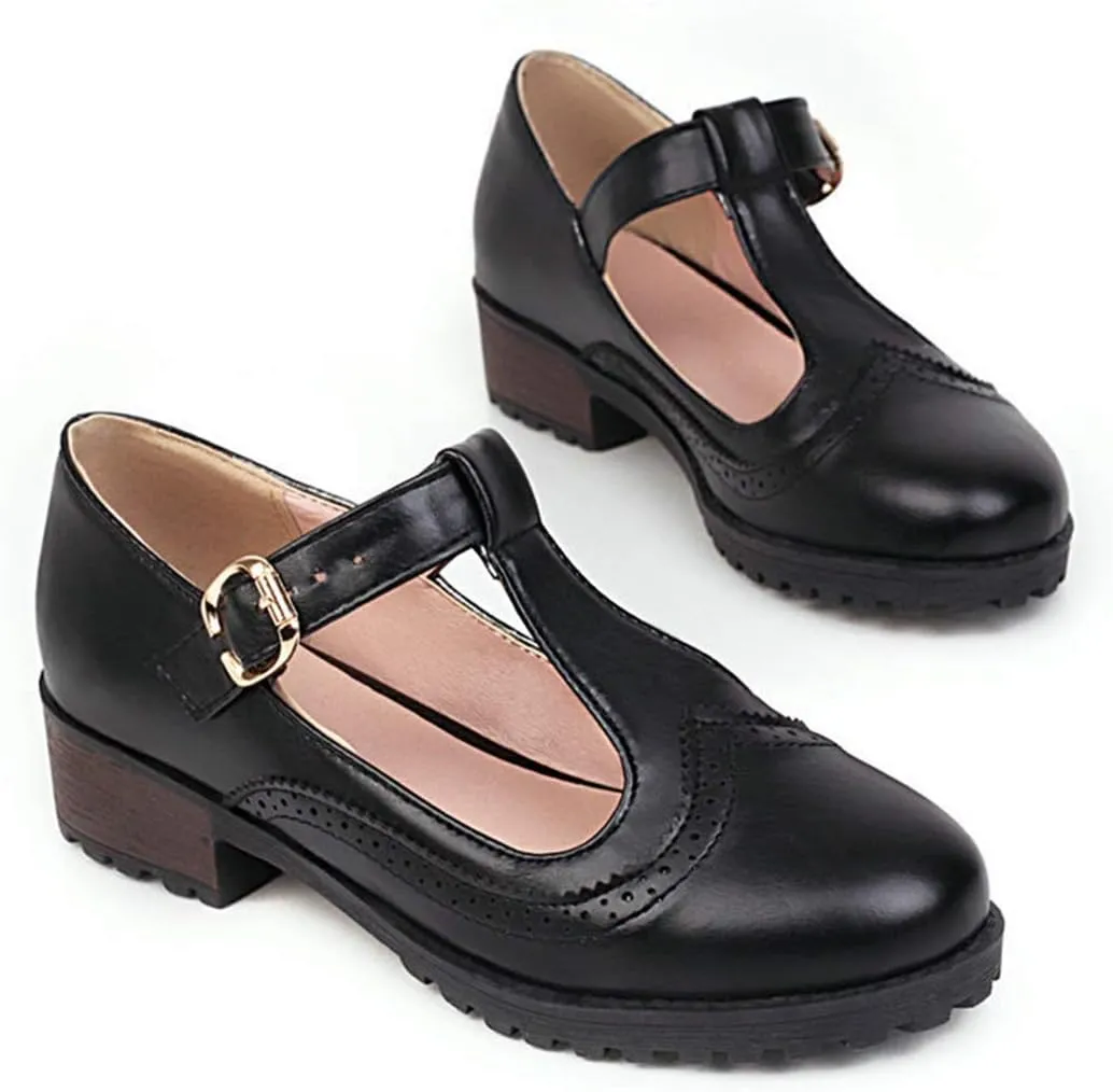VOKLIN Women's Vintage T-Strap Mary Jane Pumps Round Toe Platform Chunky Low Heel Brogues Oxford Dress Shoes