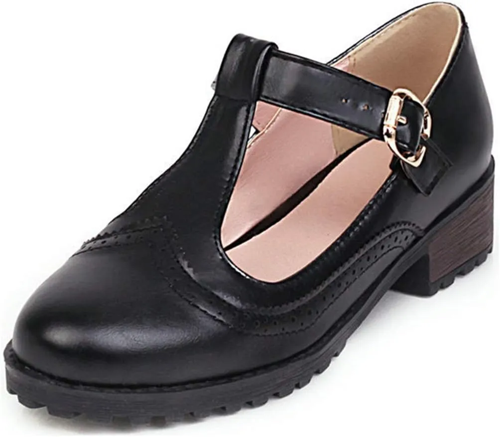 VOKLIN Women's Vintage T-Strap Mary Jane Pumps Round Toe Platform Chunky Low Heel Brogues Oxford Dress Shoes