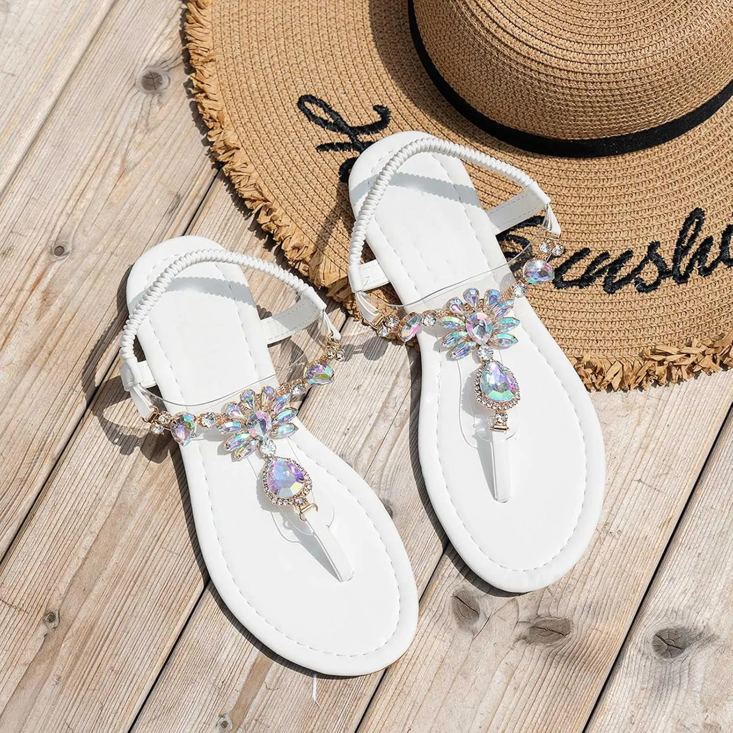 Walking Sandals Women, Flat Sandals Elastic Strappy Thong Ankle Strap Summer Dress Beach Gladiator Sandals with Slingback Rhinestone Bohemian Flat Sandals Dressy Casual Summer Sandals