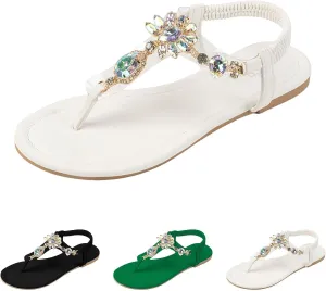 Walking Sandals Women, Flat Sandals Elastic Strappy Thong Ankle Strap Summer Dress Beach Gladiator Sandals with Slingback Rhinestone Bohemian Flat Sandals Dressy Casual Summer Sandals