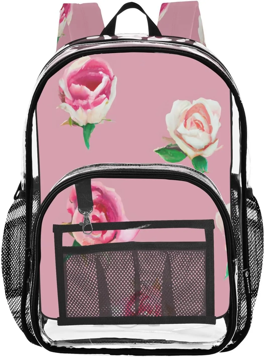 Watercolor Roses Pink Clear Backpack with Back Print, Heavy Duty See Through Backpacks PVC Transparent Daypack for Travel Security
