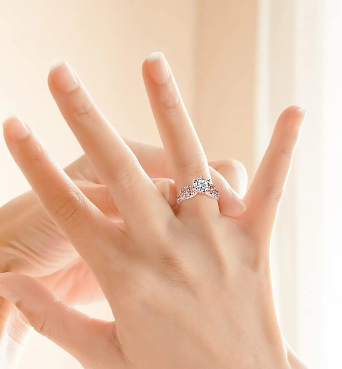Wedding Bands for Women,Rose Gold Cubic Zirconia Engagement Rings Gemstone Inlaid Vintage Stackable Rings Ideal Gift for Her