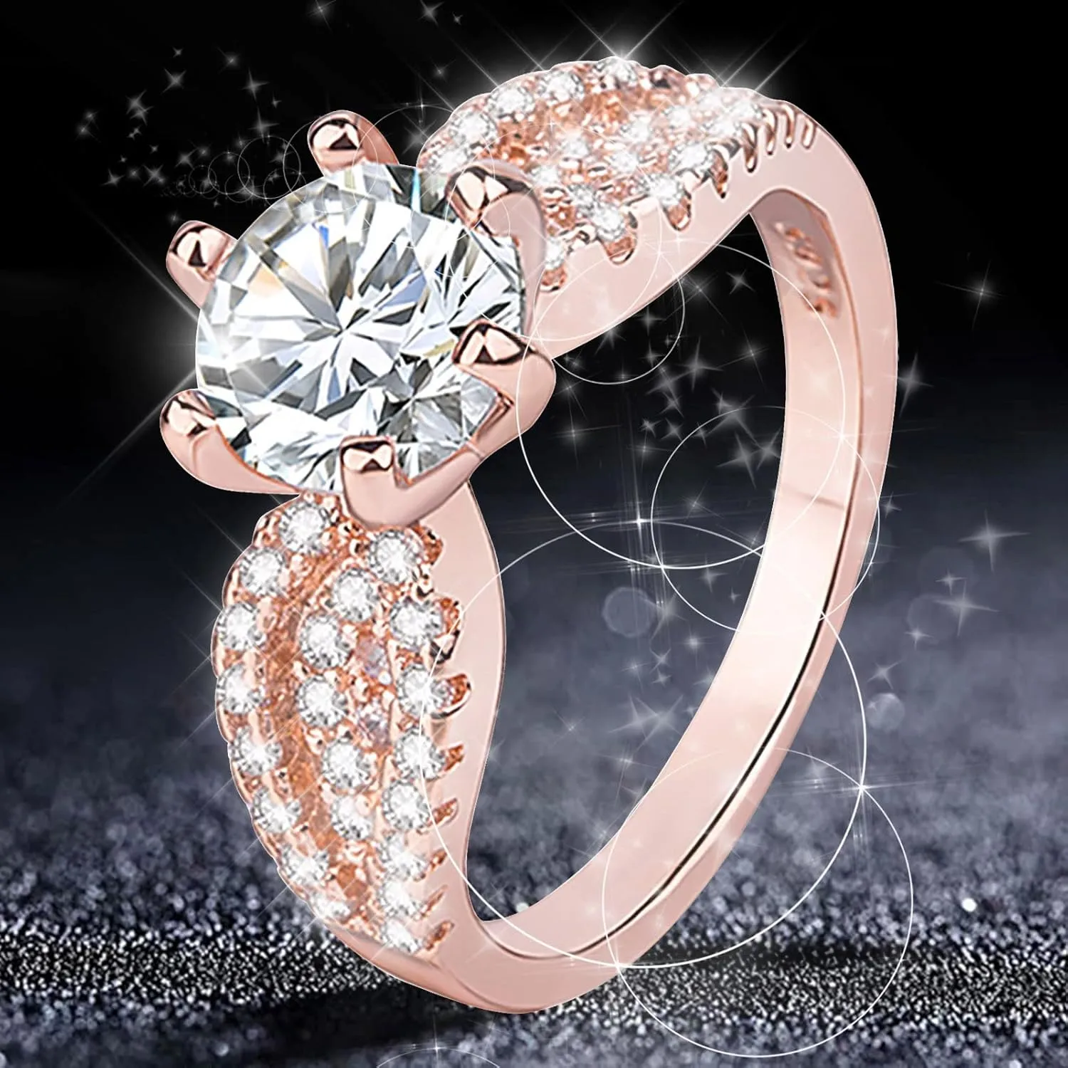 Wedding Bands for Women,Rose Gold Cubic Zirconia Engagement Rings Gemstone Inlaid Vintage Stackable Rings Ideal Gift for Her