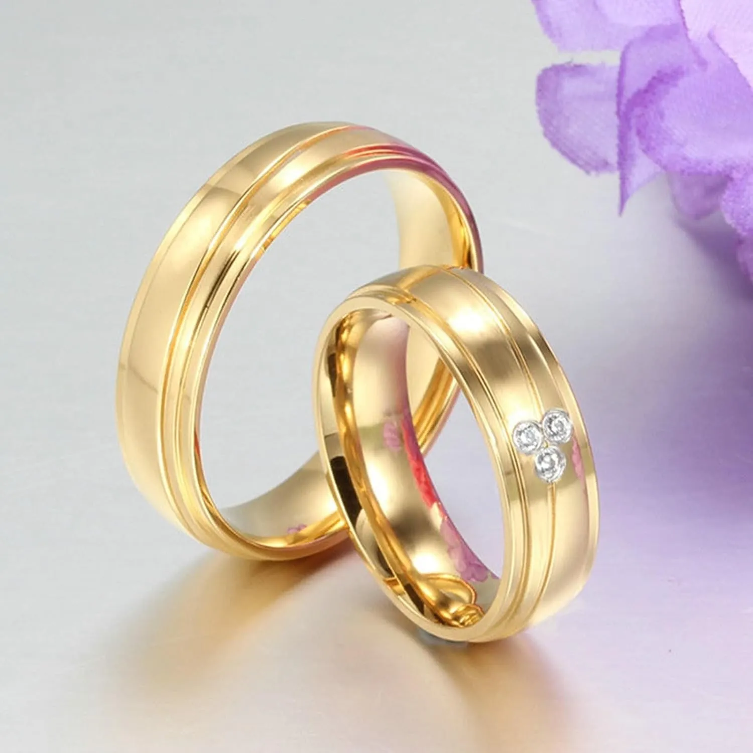 Wedding Rings Sets His and Hers, Stainless Steel Engagement Rings for Couples Set Comfort Fit 6mm Gold Ring with Cubic Zirconia