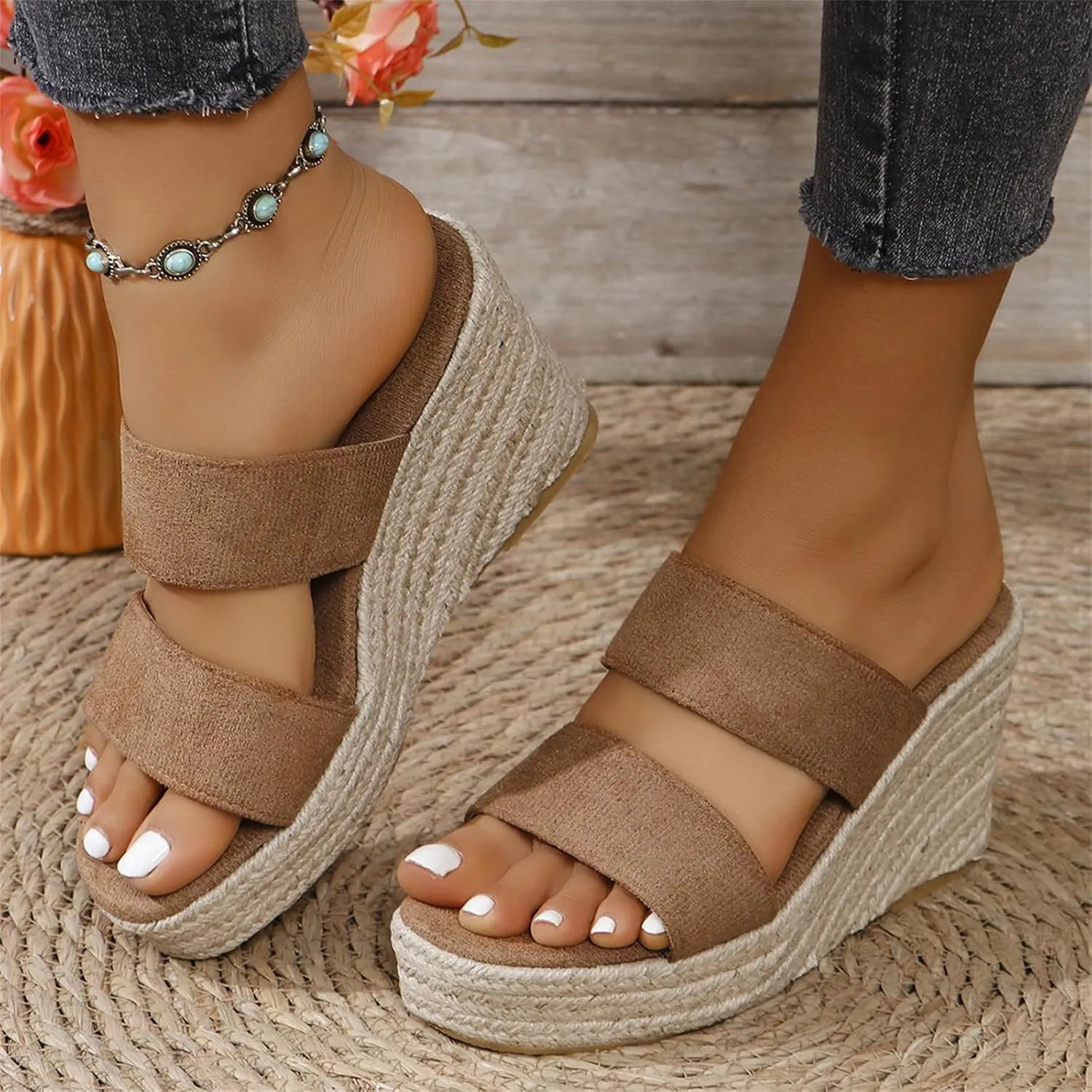 Wedge Sandals for Women 2025 Dressy Espadrilles Wedges Open Toe Wide Width Sandal Casual Platform Slides Slip On Outdoor Slippers Summer Dress Shoes Ladies Breathable Shoes Fashion Trends