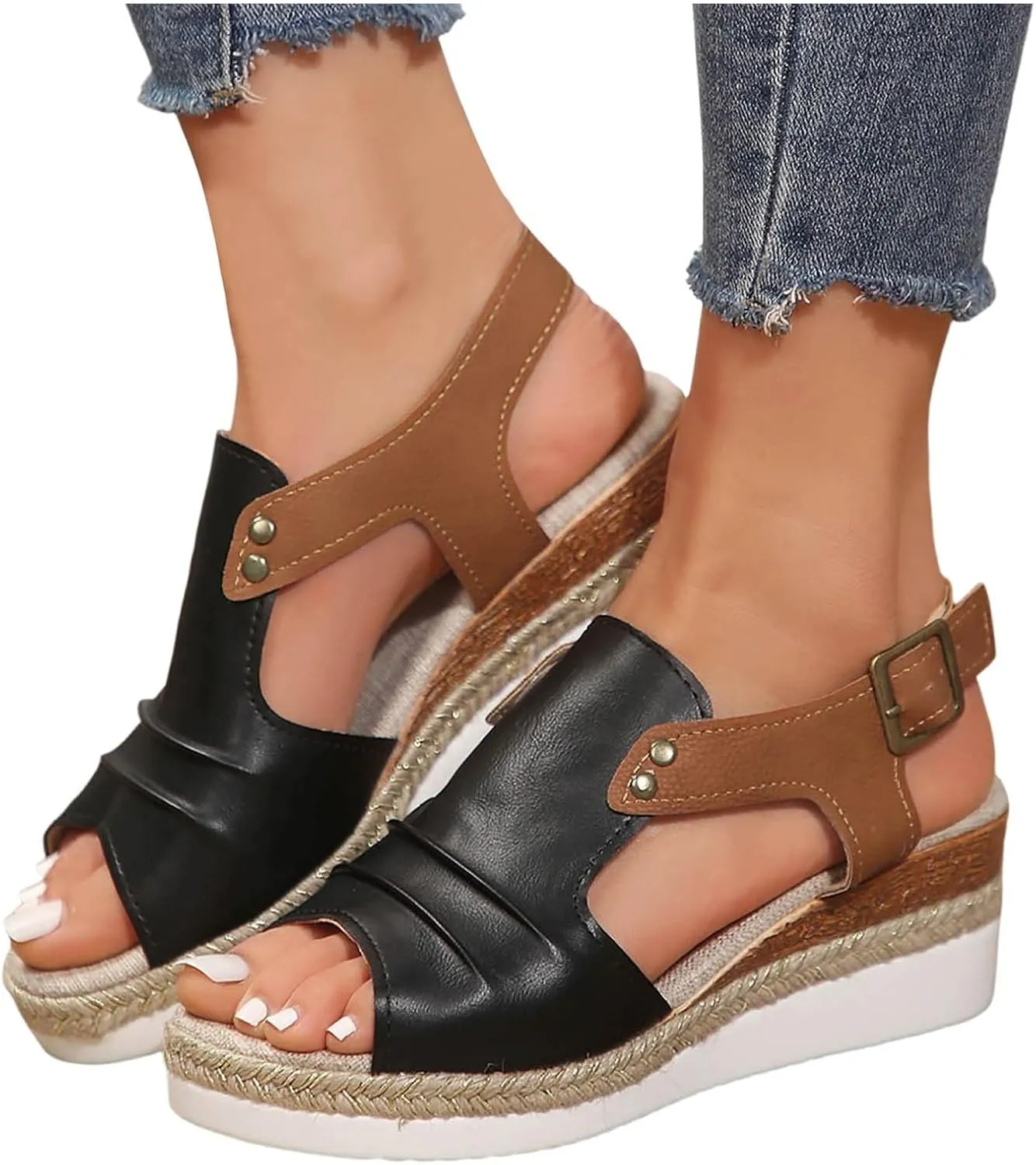 Wedge Sandals for Women Dressy Summer,2025 Casual Open Toe Ankle Strap Espadrilles Sandals Leather Beach Boho Comfortable Bohemia Beach Summer Dress Shoes