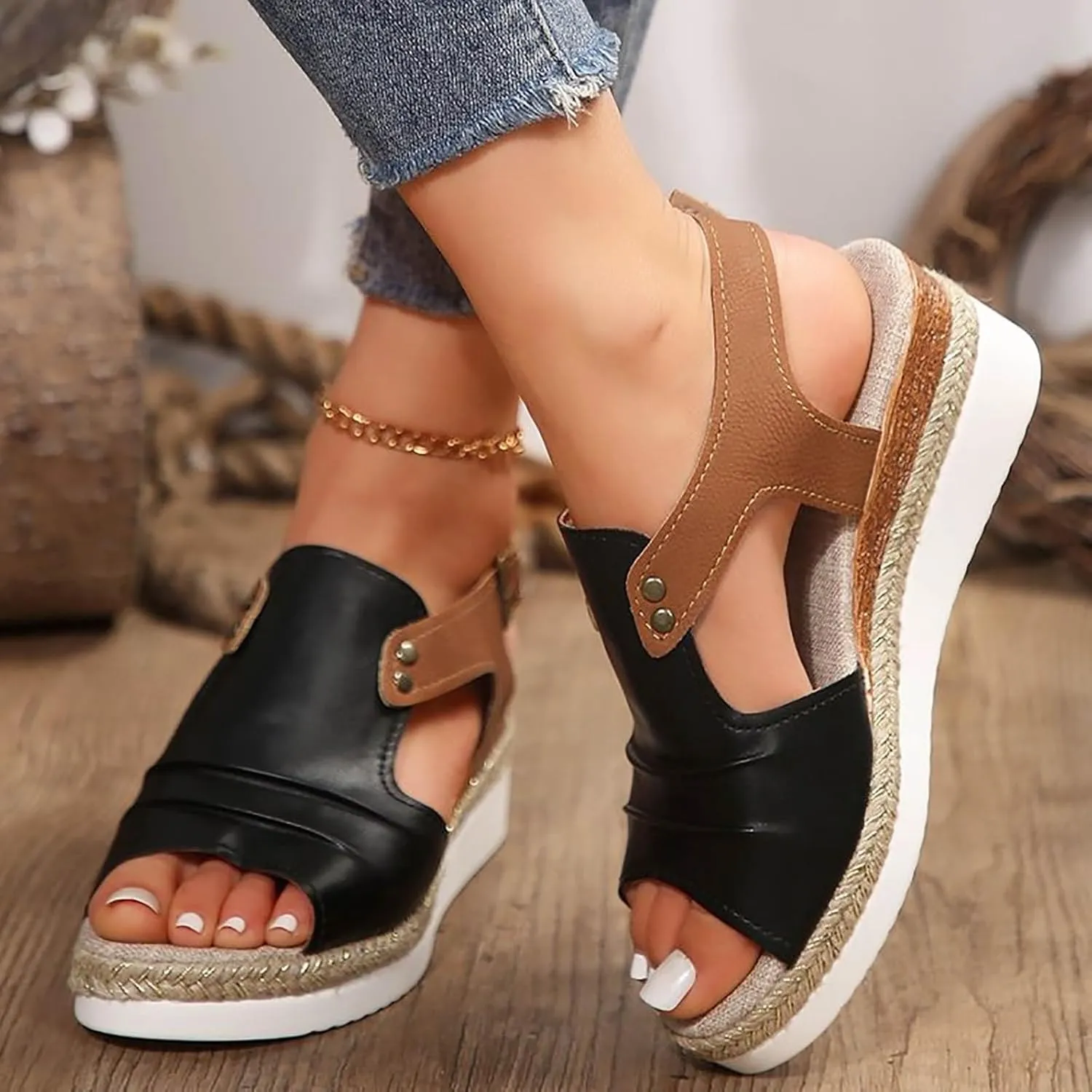 Wedge Sandals for Women Dressy Summer,2025 Casual Open Toe Ankle Strap Espadrilles Sandals Leather Beach Boho Comfortable Bohemia Beach Summer Dress Shoes