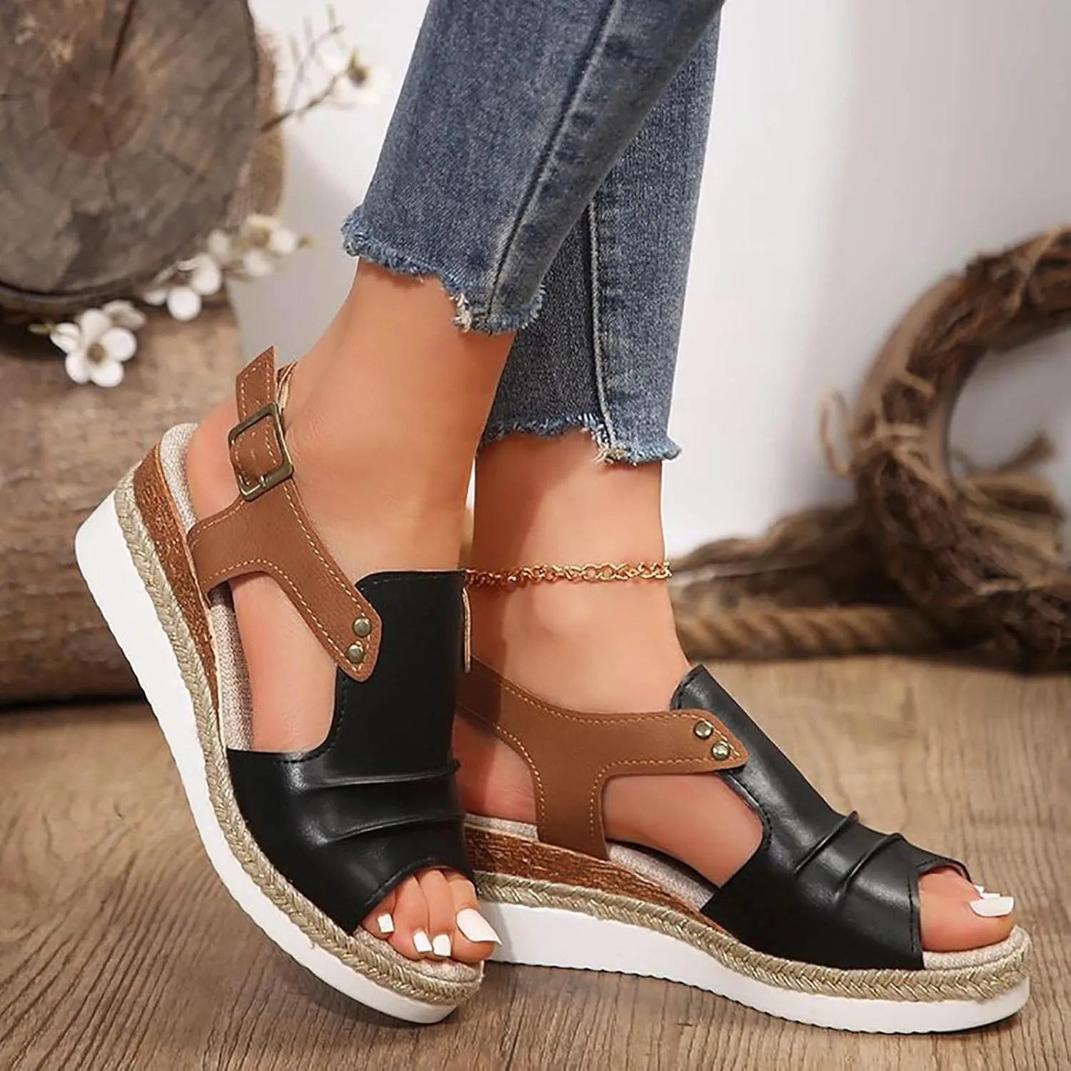 Wedge Sandals for Women Dressy Summer,2025 Casual Open Toe Ankle Strap Espadrilles Sandals Leather Beach Boho Comfortable Bohemia Beach Summer Dress Shoes
