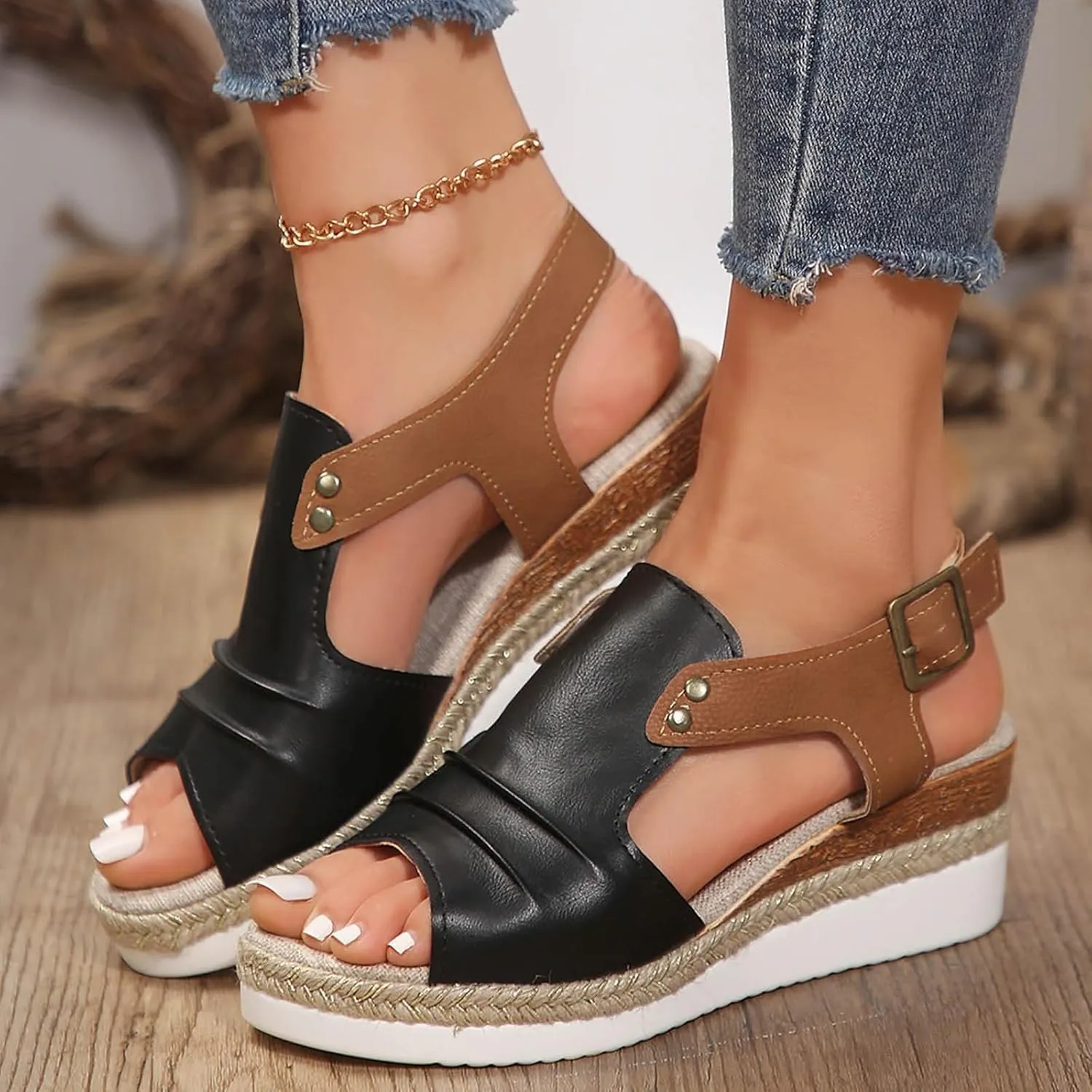 Wedge Sandals for Women Dressy Summer,2025 Casual Open Toe Ankle Strap Espadrilles Sandals Leather Beach Boho Comfortable Bohemia Beach Summer Dress Shoes