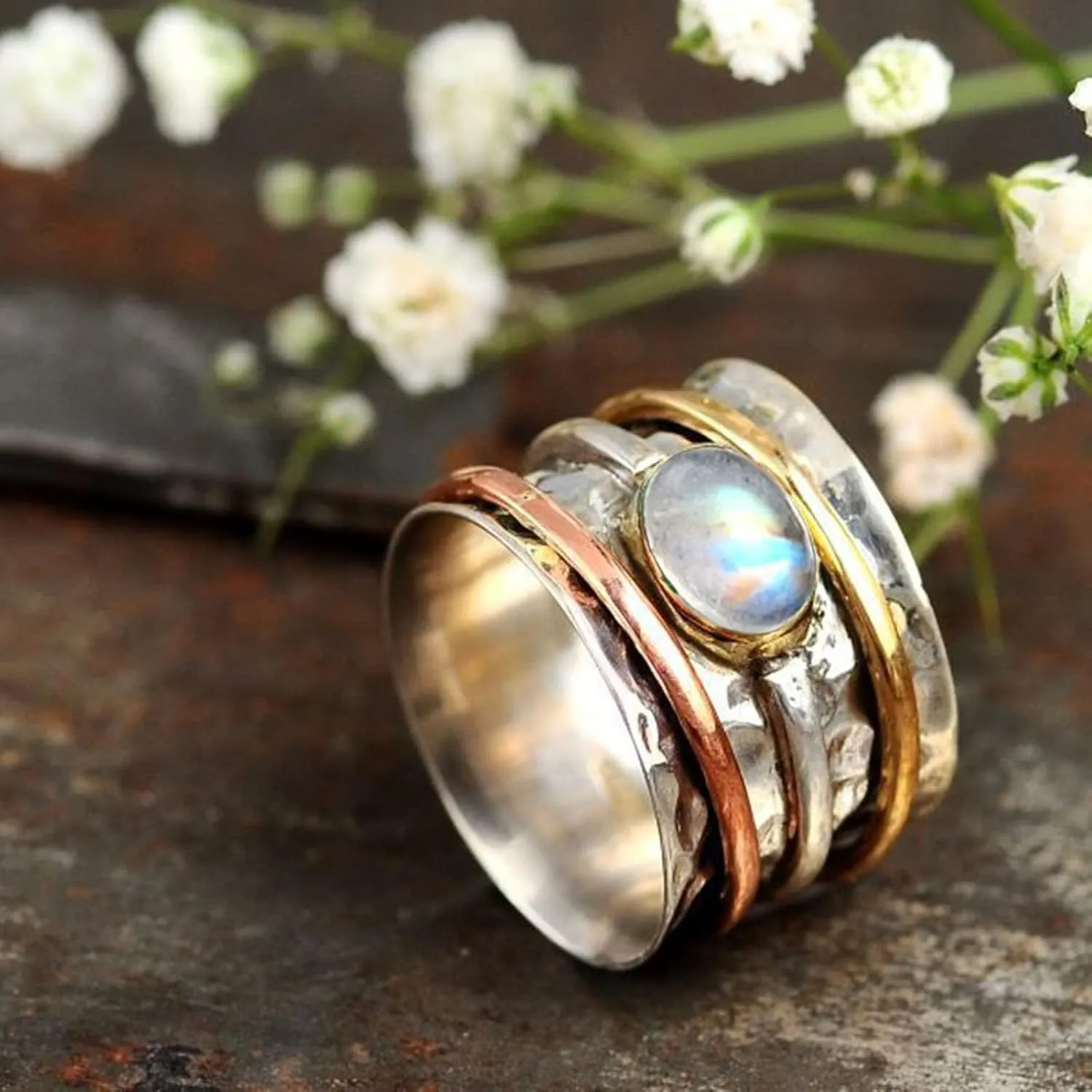 White Sapphire Meditation Sterling Silver Stone Ring Stress Relieving Anxiety Ring for Women Boho Chunky Wide Band