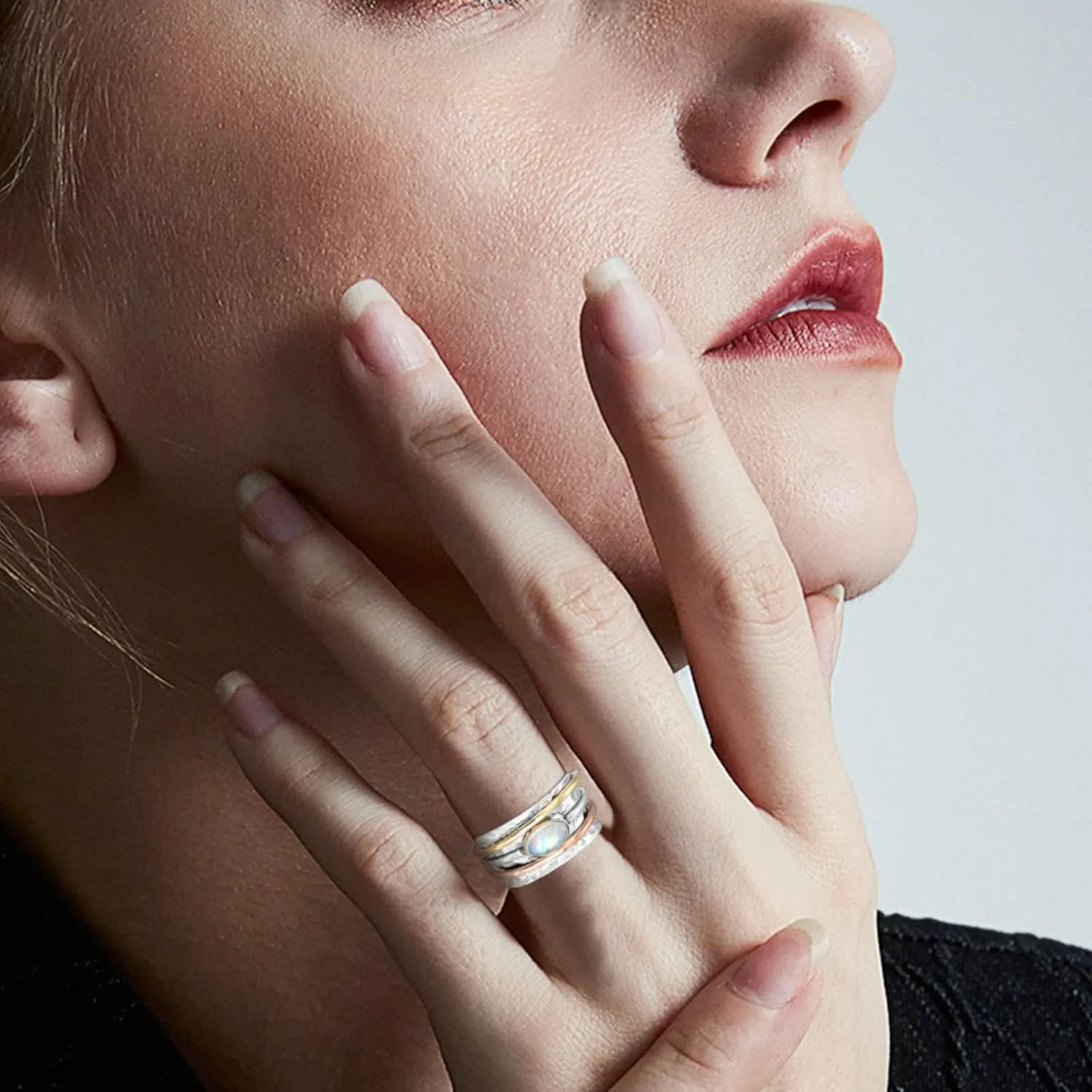 White Sapphire Meditation Sterling Silver Stone Ring Stress Relieving Anxiety Ring for Women Boho Chunky Wide Band