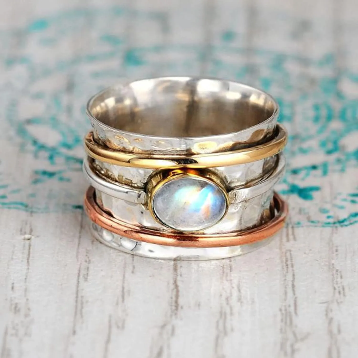 White Sapphire Meditation Sterling Silver Stone Ring Stress Relieving Anxiety Ring for Women Boho Chunky Wide Band