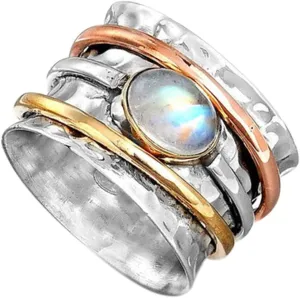 White Sapphire Meditation Sterling Silver Stone Ring Stress Relieving Anxiety Ring for Women Boho Chunky Wide Band