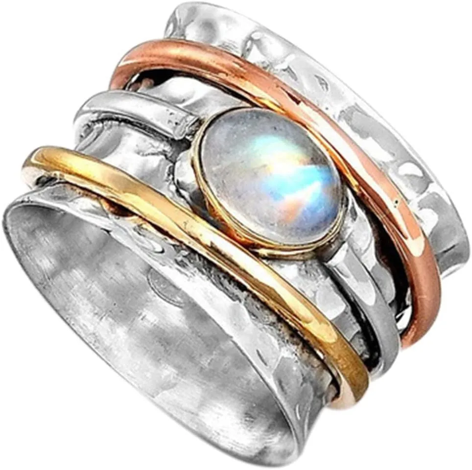 White Sapphire Meditation Sterling Silver Stone Ring Stress Relieving Anxiety Ring for Women Boho Chunky Wide Band