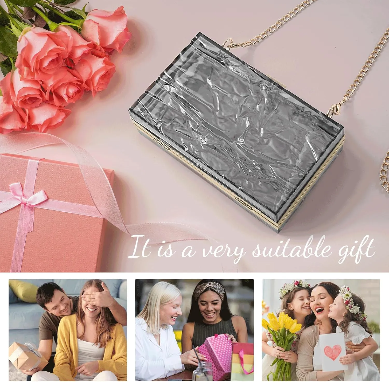 WJCD Womens Clear Purse Acrylic Evening Bags clear clutch purse Ripple Shaped Vintage Banquet Handbag