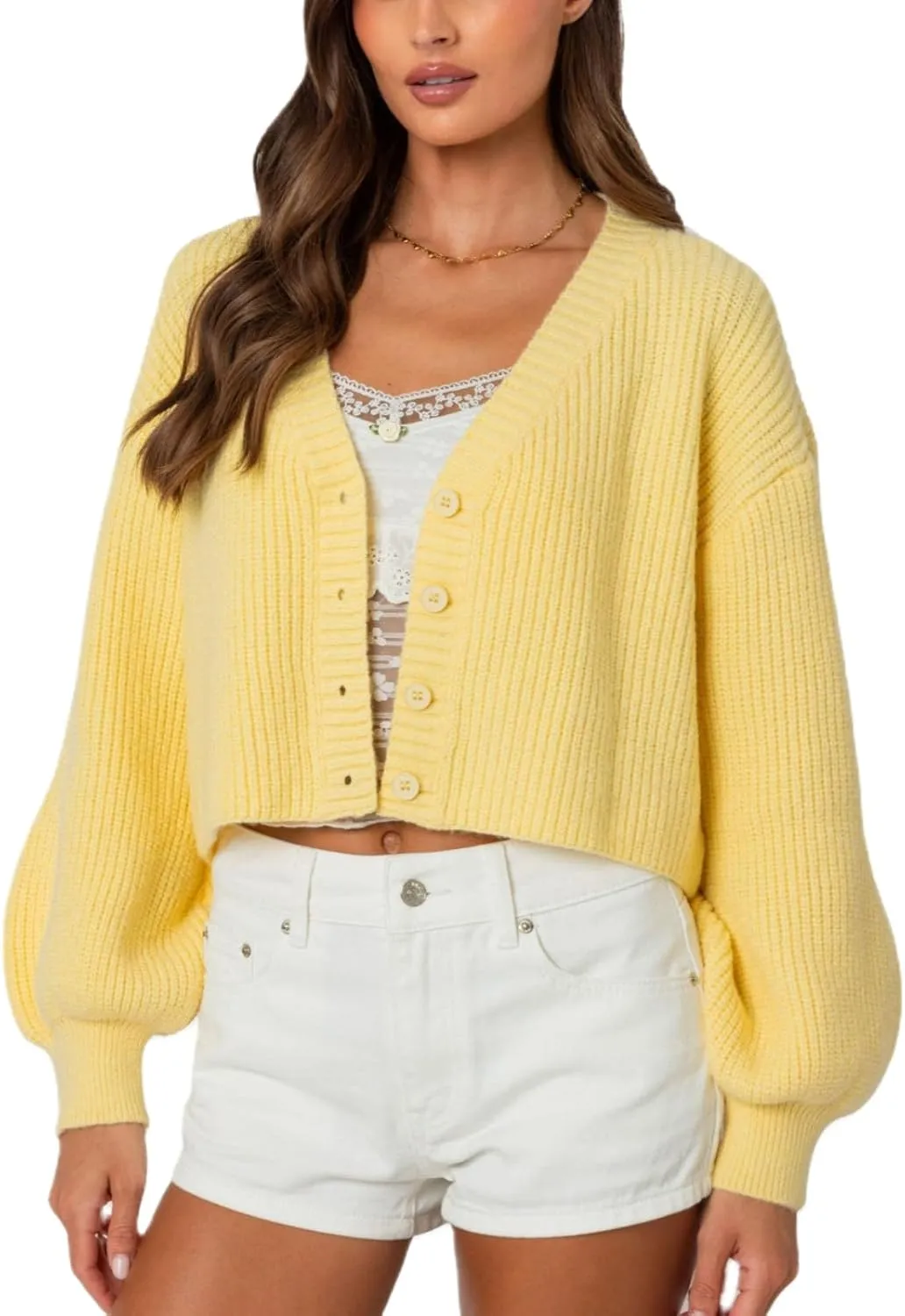 Women Cardigan Sweater Long Sleeve Button Down Oversized Sweater V Neck Cropped Knit Top Going Out Fall Streetwear