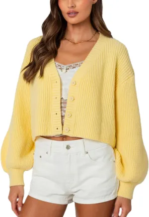 Women Cardigan Sweater Long Sleeve Button Down Oversized Sweater V Neck Cropped Knit Top Going Out Fall Streetwear