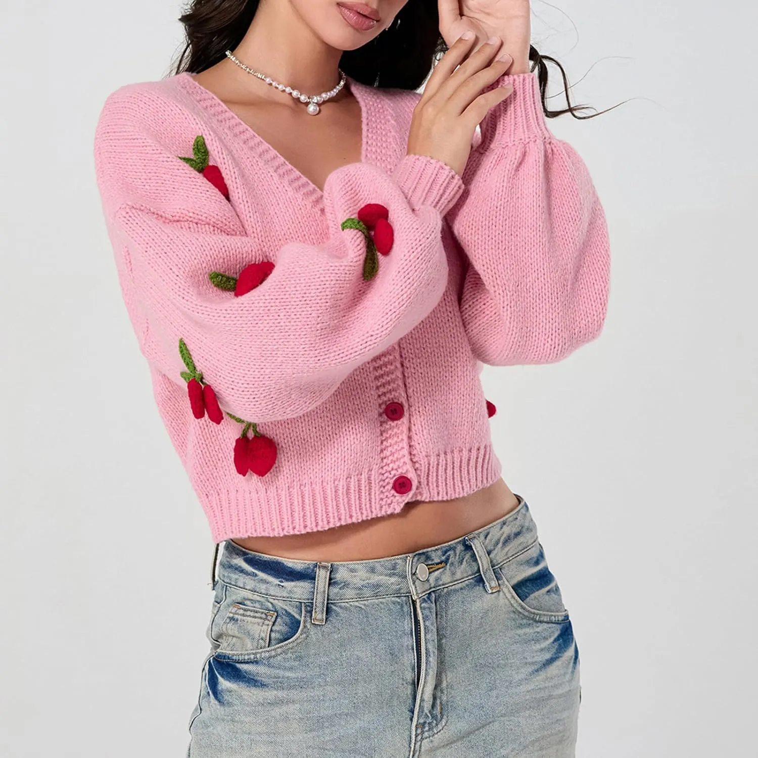 Women Crop Cardigan Jacquard Open Front Sweater 3D Flower Embroidery Knit Cardigan Cute Fall Winter Outwear